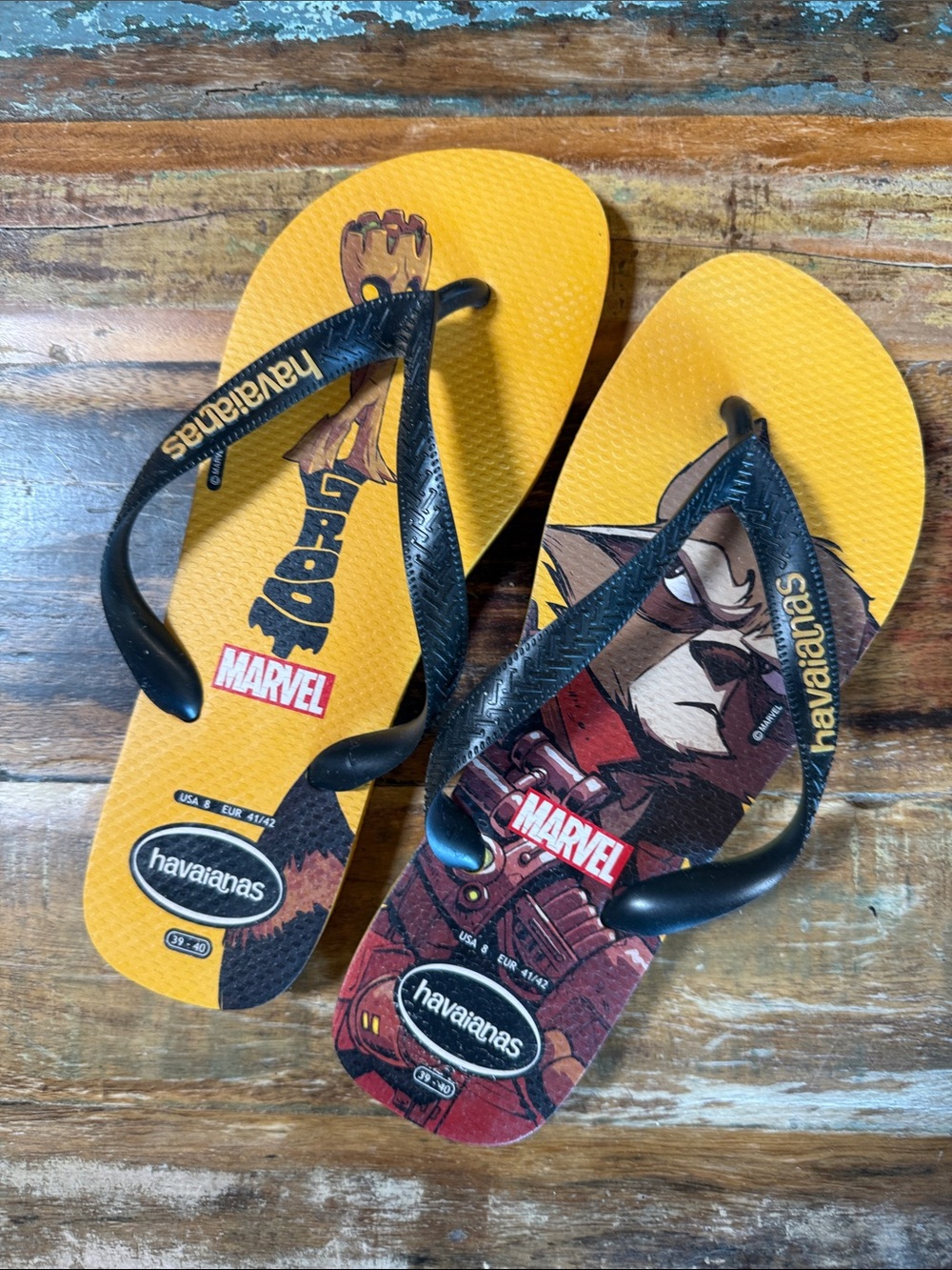 Havaianas Women’s  Marvel Groot Yellow and Red Flip Flops WORN ONCE!